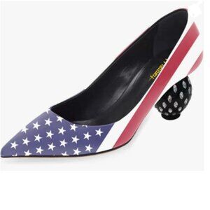 Milooey shoes The Usa Flag Print Pointed Toe Pumps Low Block Heels Slip On Shoes